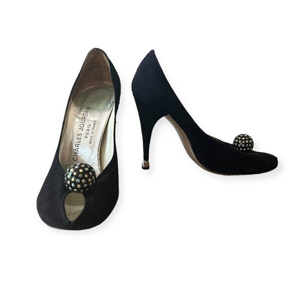 Vintage Charles Jourdan Black Suede Heel with Rhinestone Ball. Size 7 2A - Picture 5 of 15